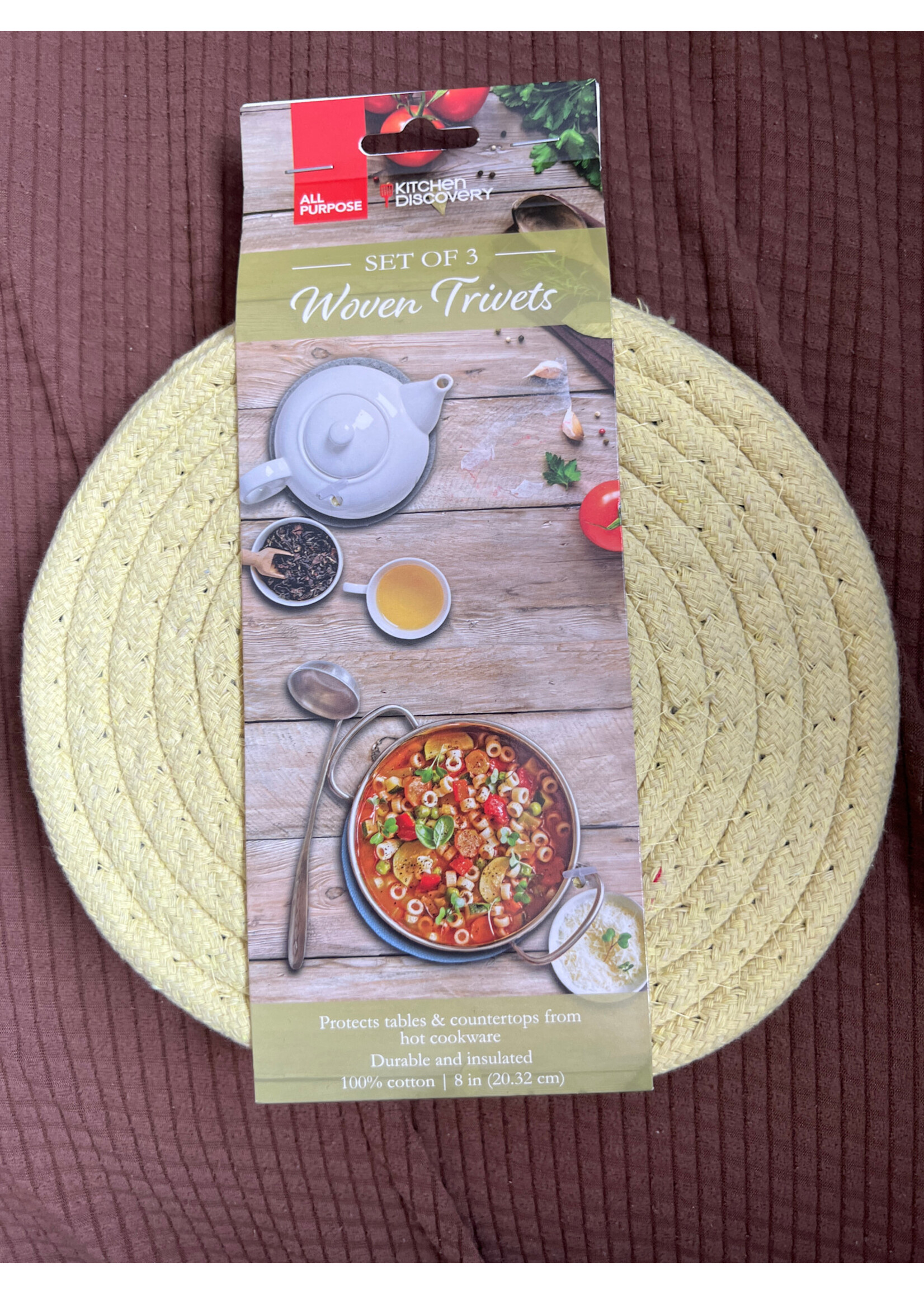 Kitchen Discovery Set of 3 Woven Trivets pale yellow 8”