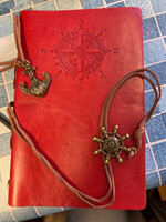 Red Leather Bound Notebook with compass and sailor bookmarks, Pirates