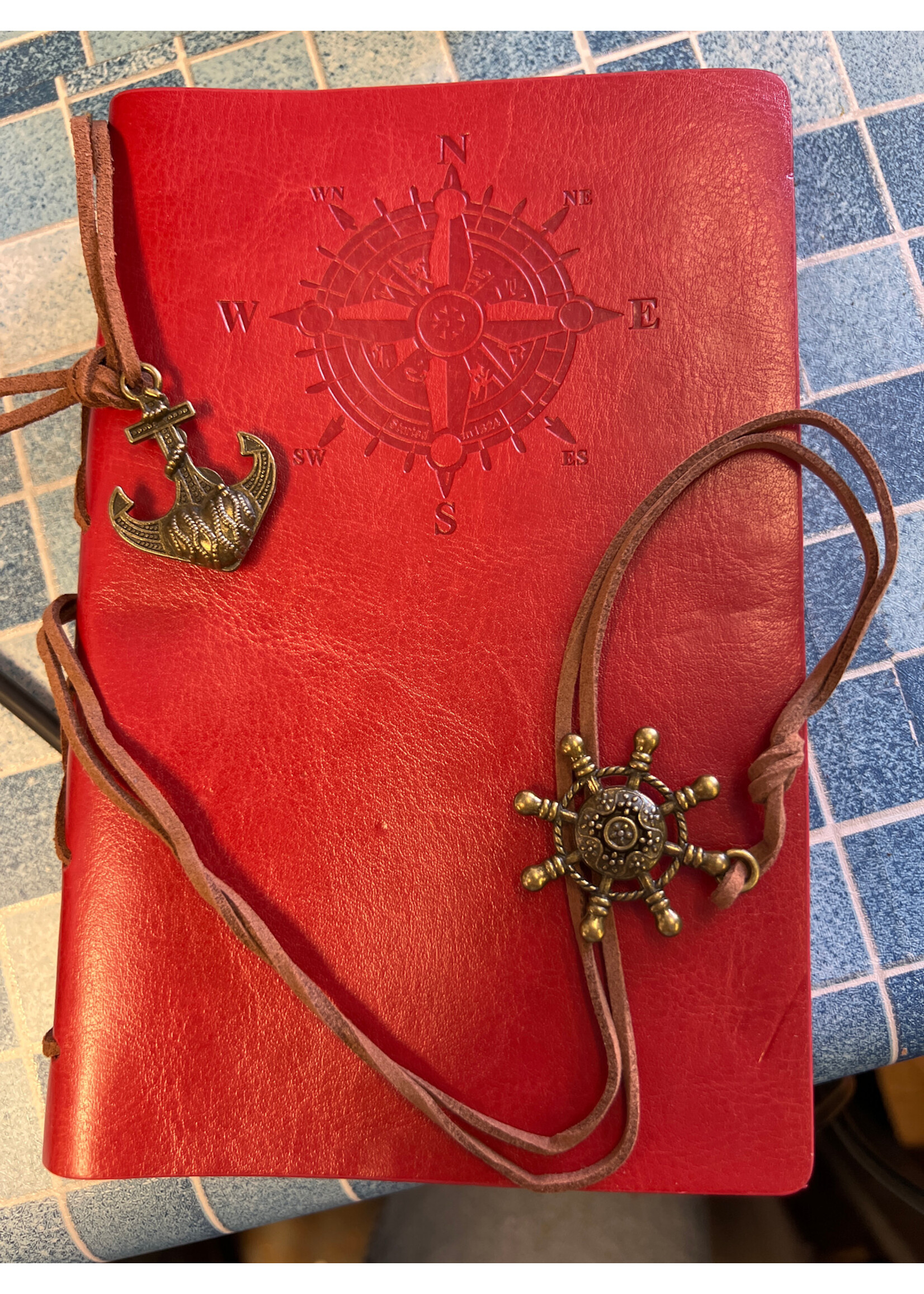 Red Leather Bound Notebook with compass and sailor bookmarks, Pirates