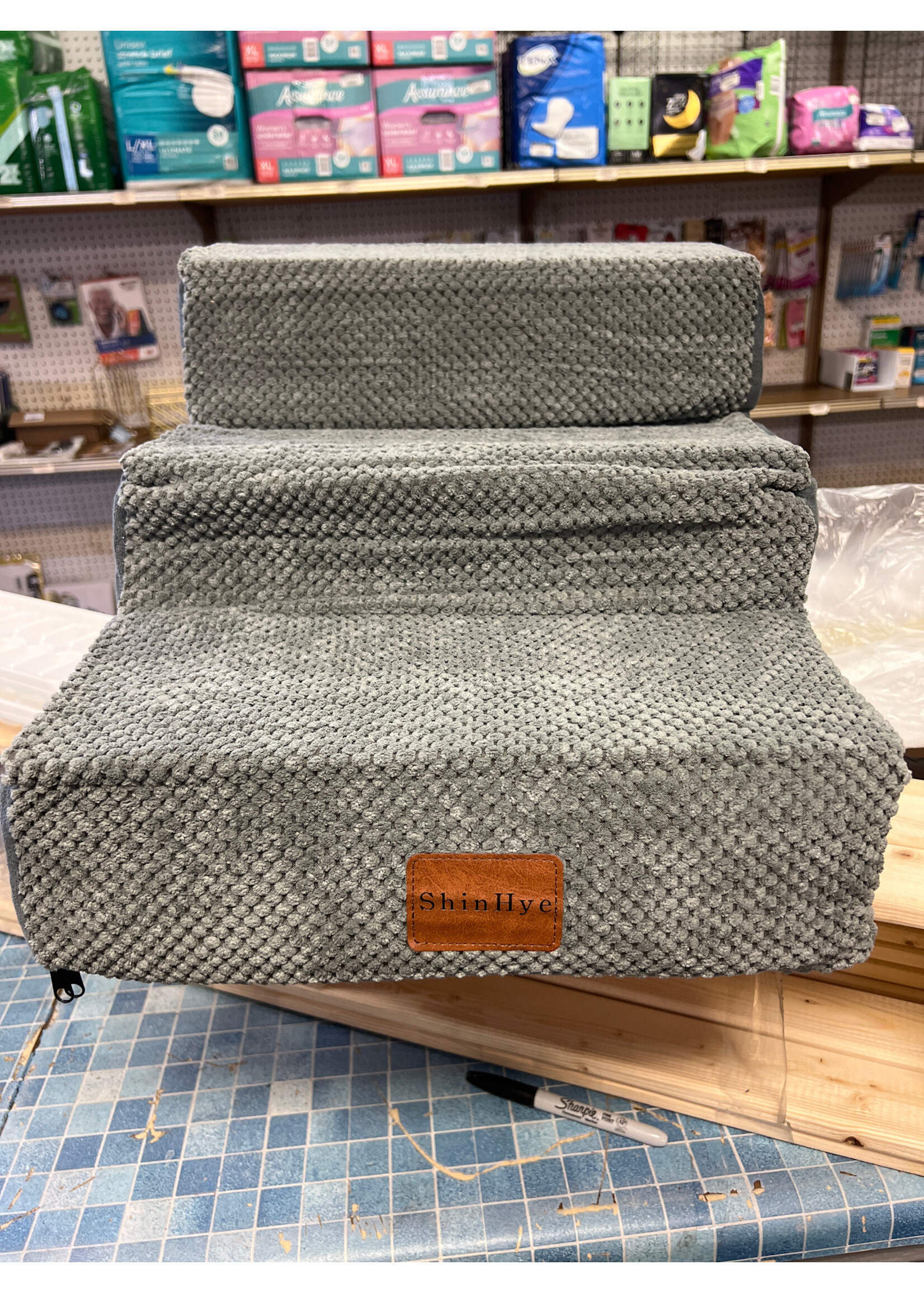 ShinHye Pet Steps - foam w/ zippered cover 3 steps 12" high total, 15"w 16"d grey