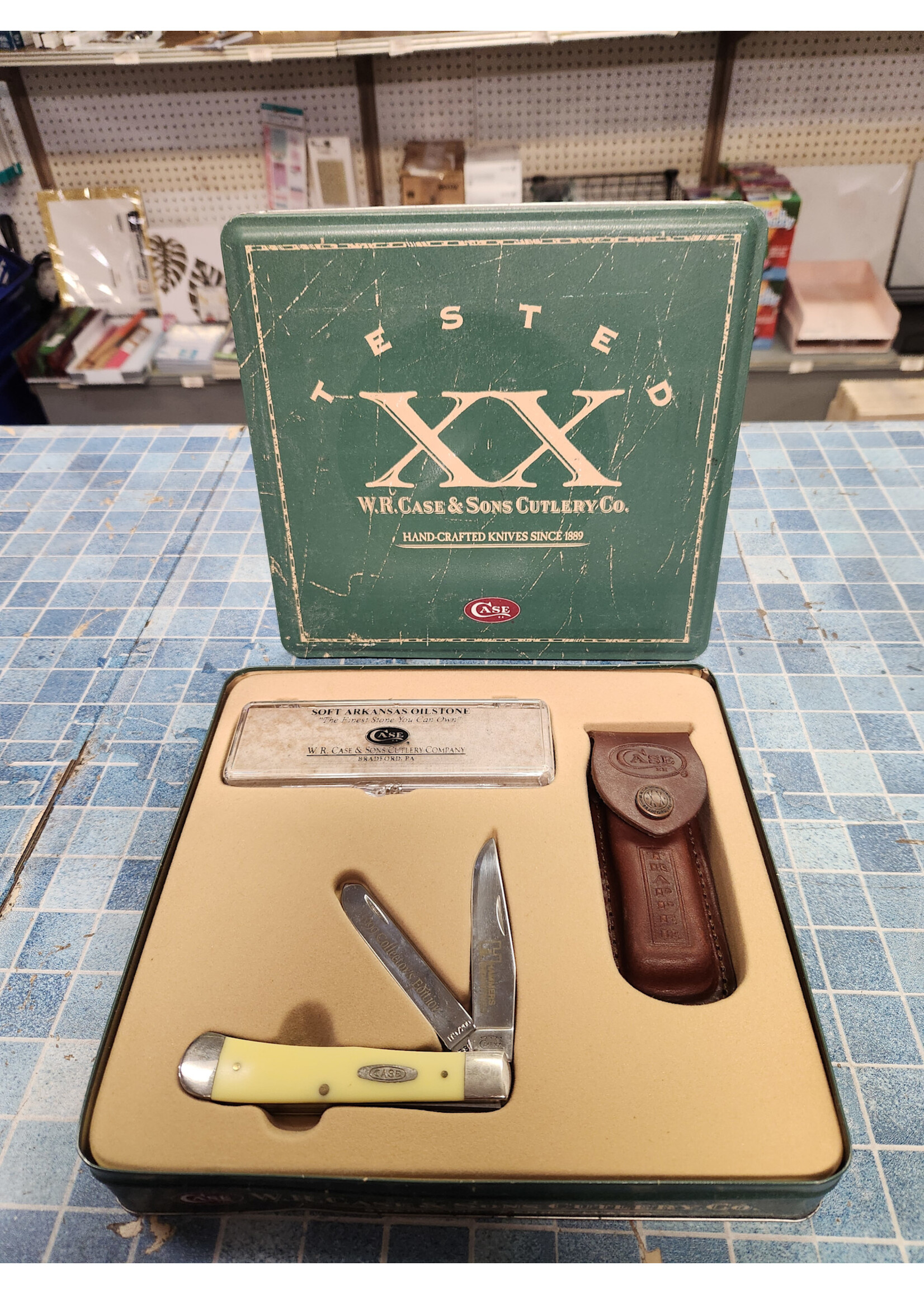 Case & Sons Pocket Knife Set Yellow Synthetic Smooth Trapper (3254 CS) 4 1/8" (Knife, Stone, Sheath)