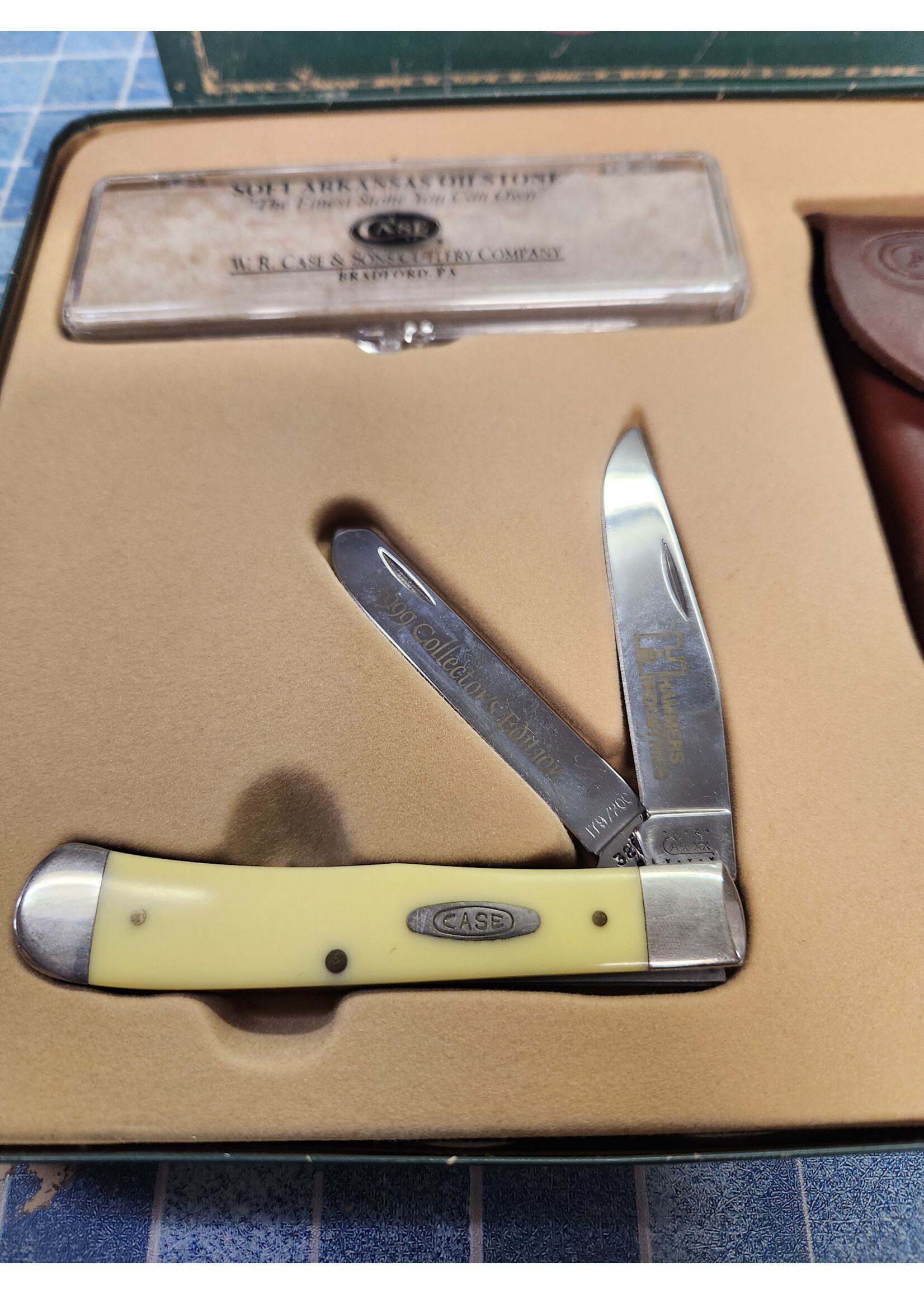 Case & Sons Pocket Knife Set Yellow Synthetic Smooth Trapper (3254 CS) 4 1/8" (Knife, Stone, Sheath)