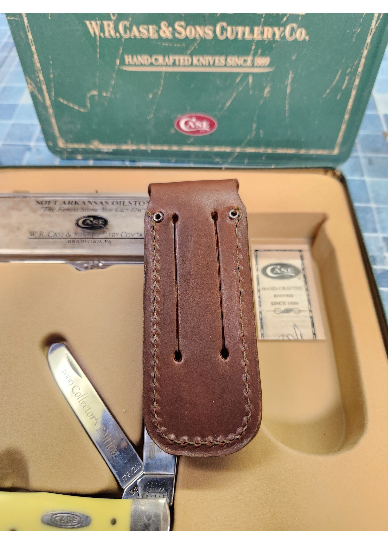 Case & Sons Pocket Knife Set Yellow Synthetic Smooth Trapper (3254 CS) 4 1/8" (Knife, Stone, Sheath)