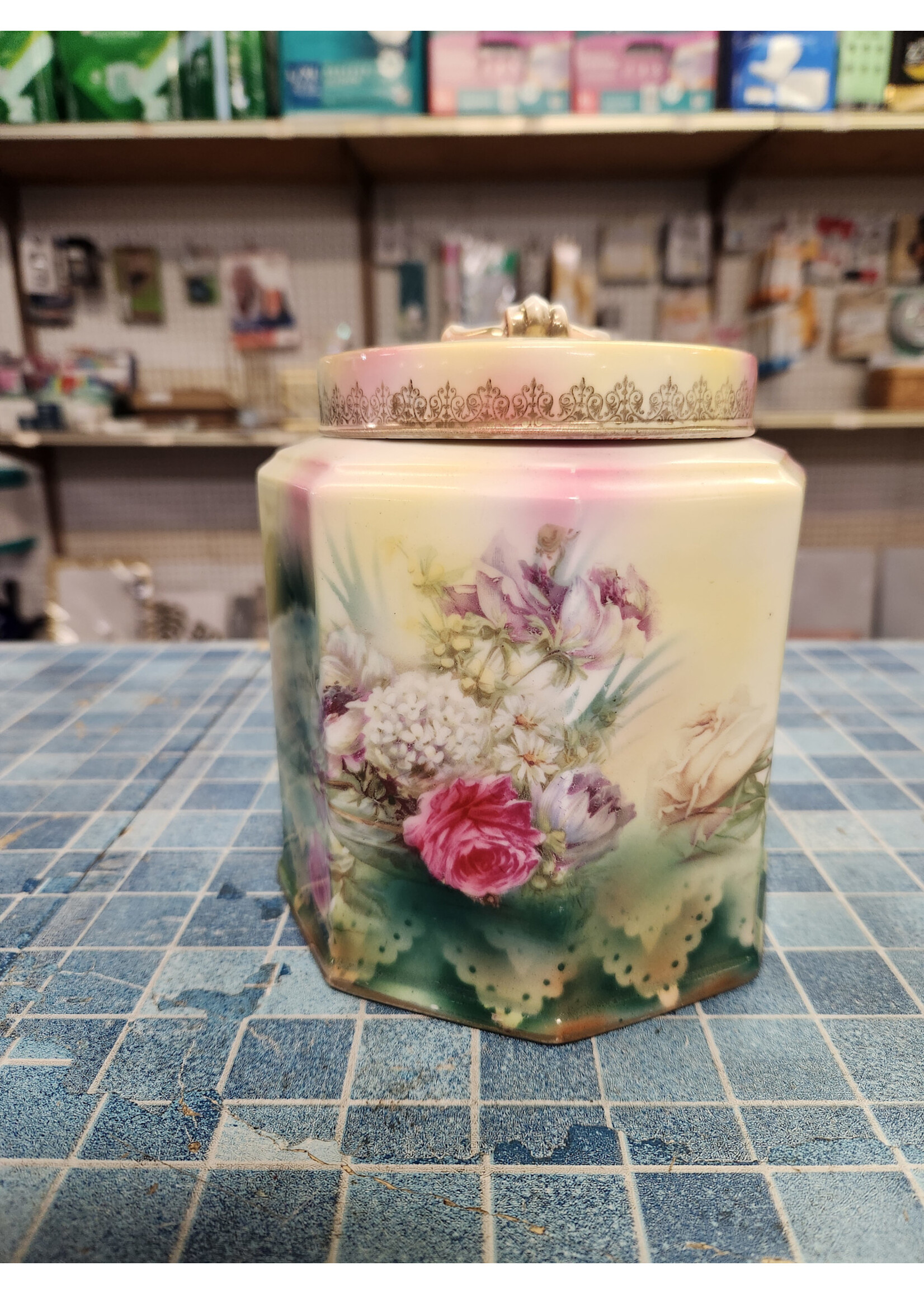 *Broke Handle/Small Chips 6" RS Prussia Biscuit Jar Octagonal Lid