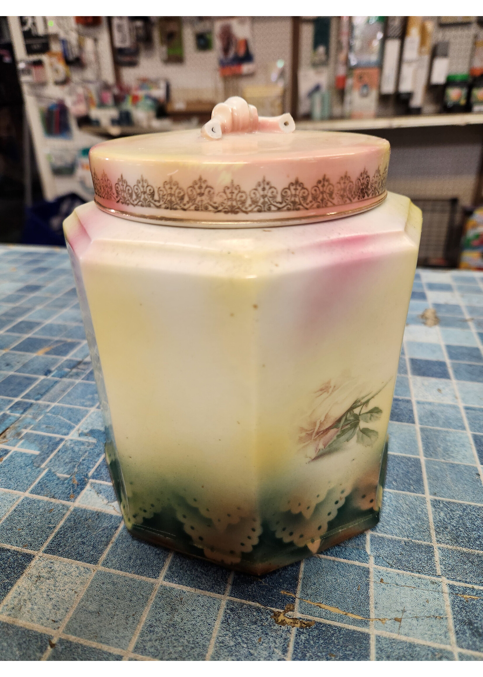 *Broke Handle/Small Chips 6" RS Prussia Biscuit Jar Octagonal Lid