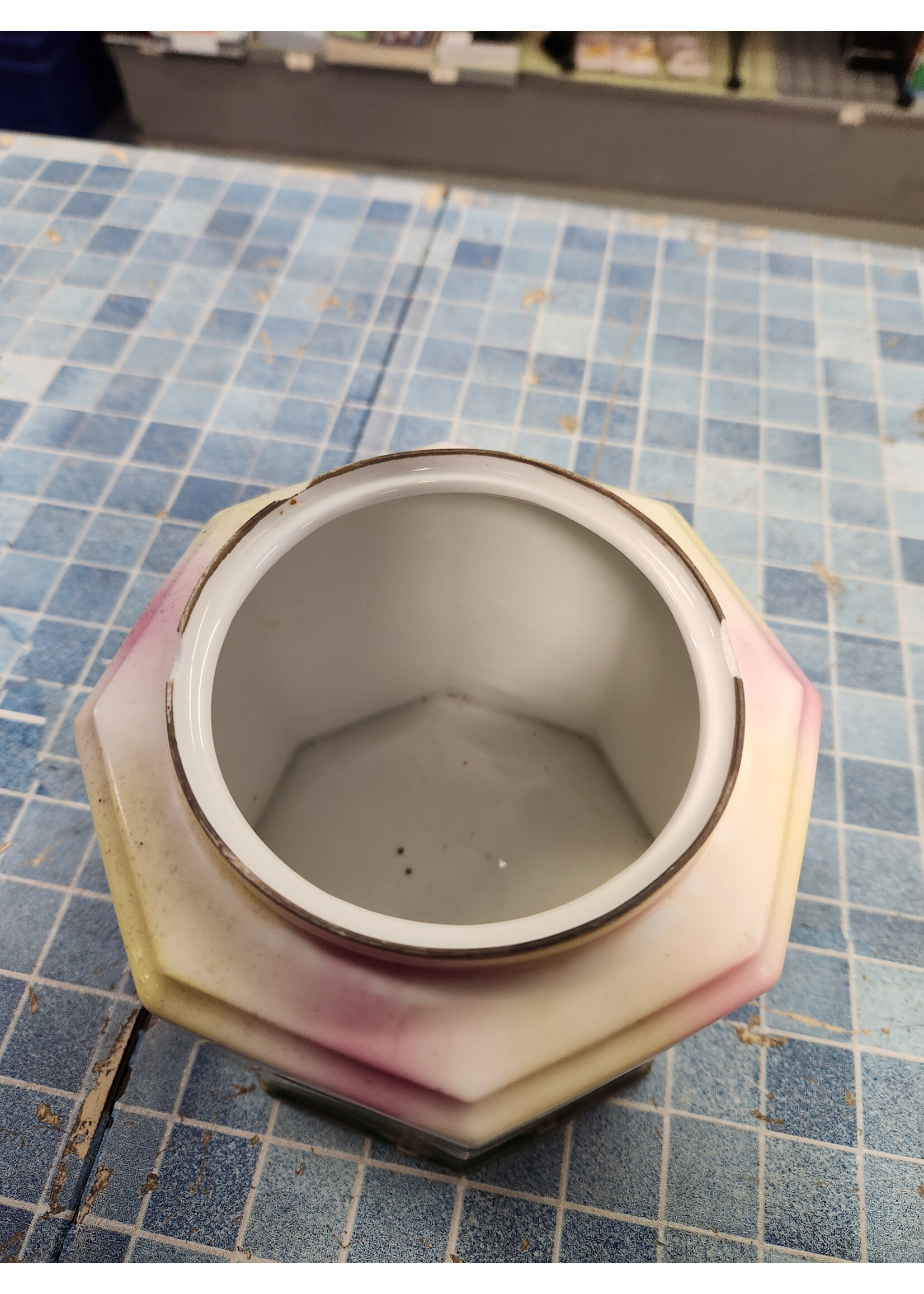 *Broke Handle/Small Chips 6" RS Prussia Biscuit Jar Octagonal Lid