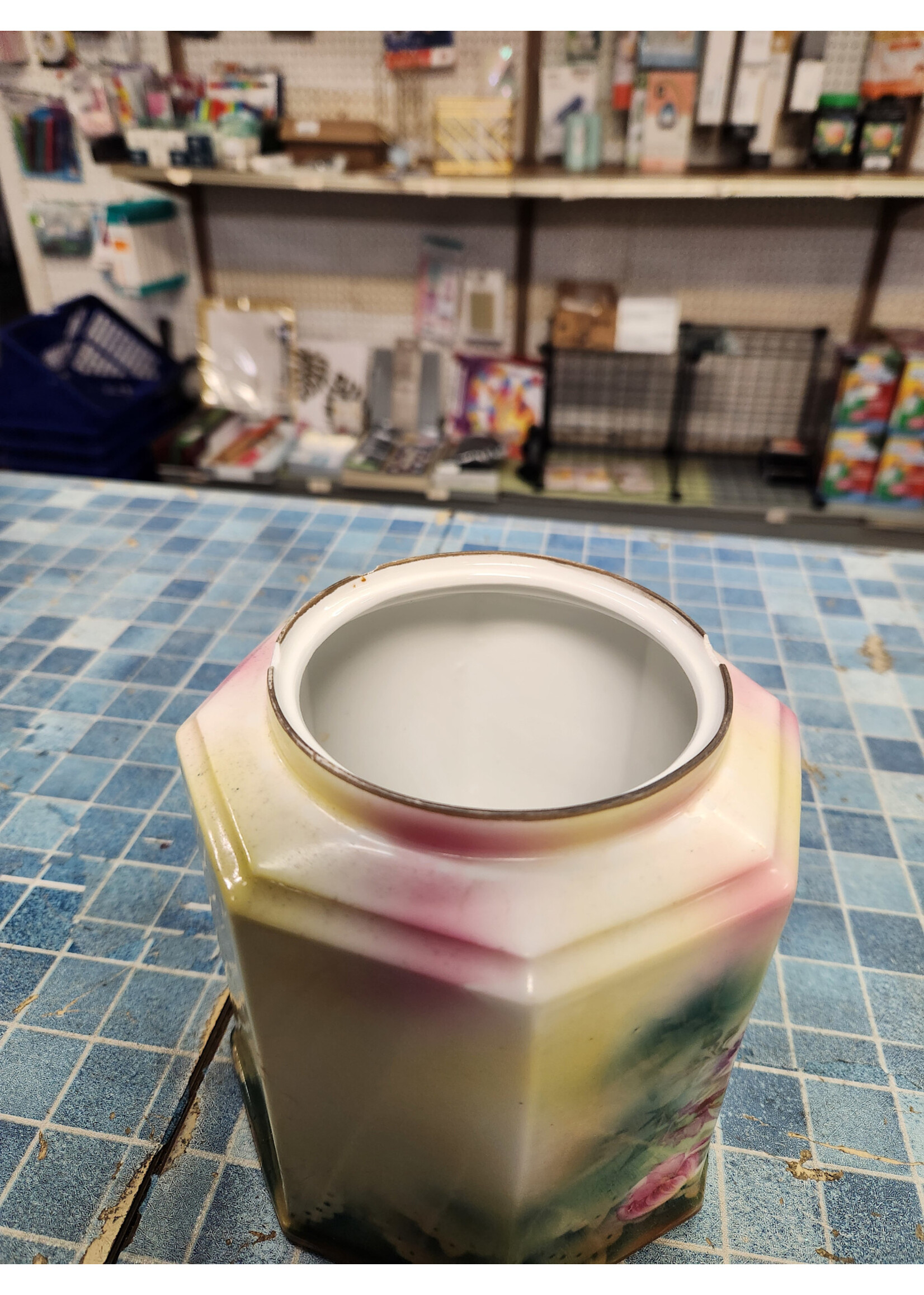 *Broke Handle/Small Chips 6" RS Prussia Biscuit Jar Octagonal Lid