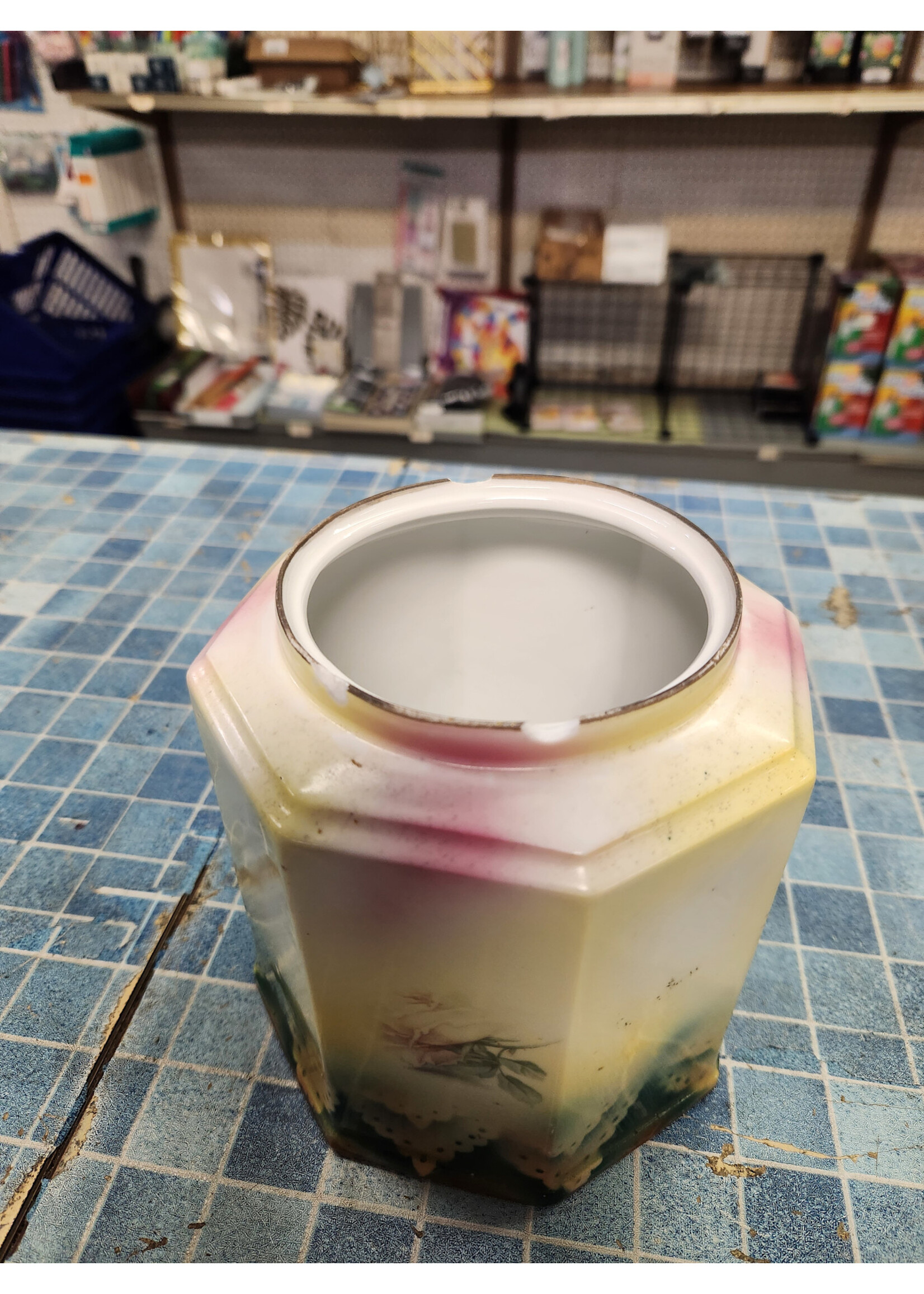 *Broke Handle/Small Chips 6" RS Prussia Biscuit Jar Octagonal Lid
