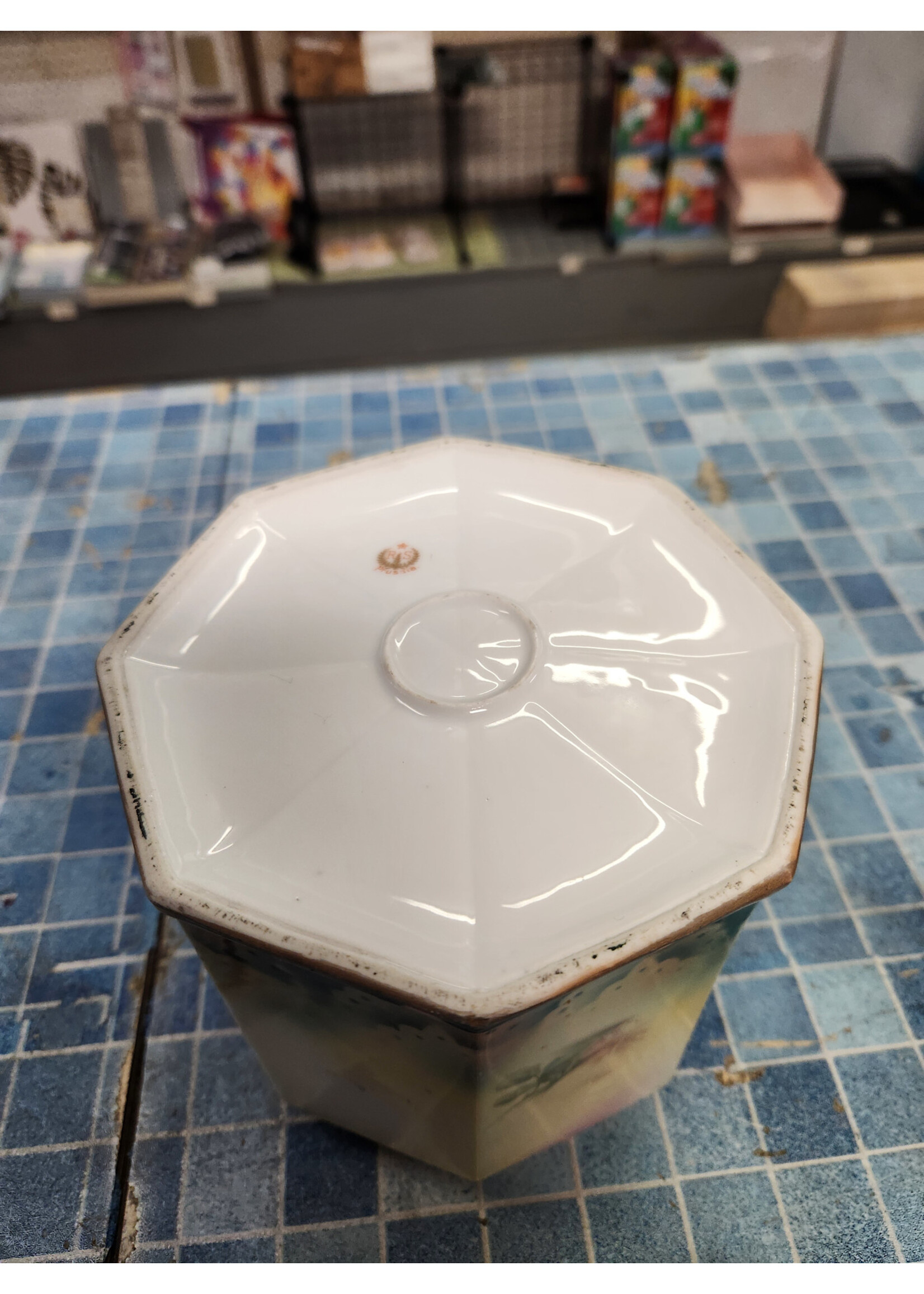 *Broke Handle/Small Chips 6" RS Prussia Biscuit Jar Octagonal Lid