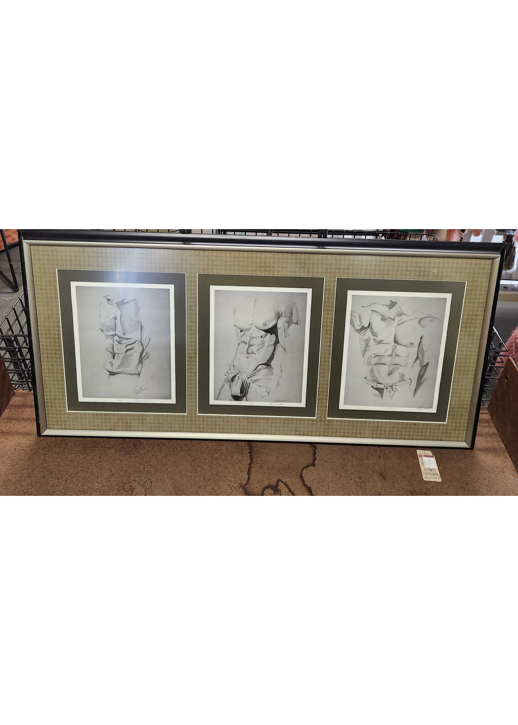 39.5x19 Framed Male Torso Sketch Triptych - Classical Anatomy Art, Charcoal/Pencil Drawing, Modern Wall Decor
