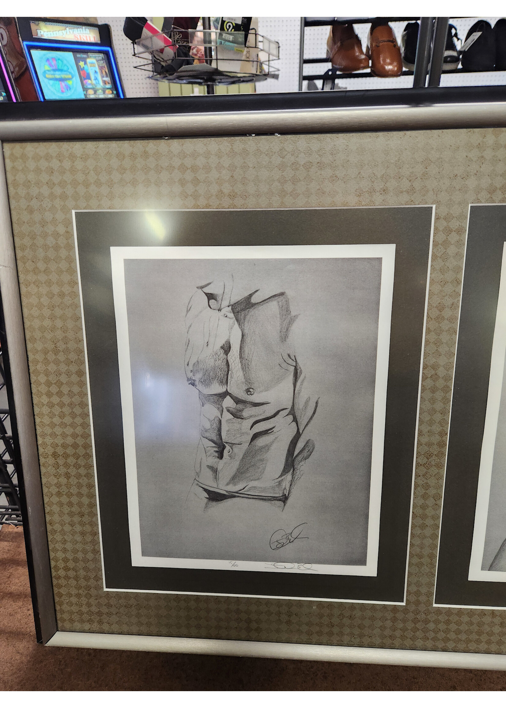 39.5x19 Framed Male Torso Sketch Triptych - Classical Anatomy Art, Charcoal/Pencil Drawing, Modern Wall Decor