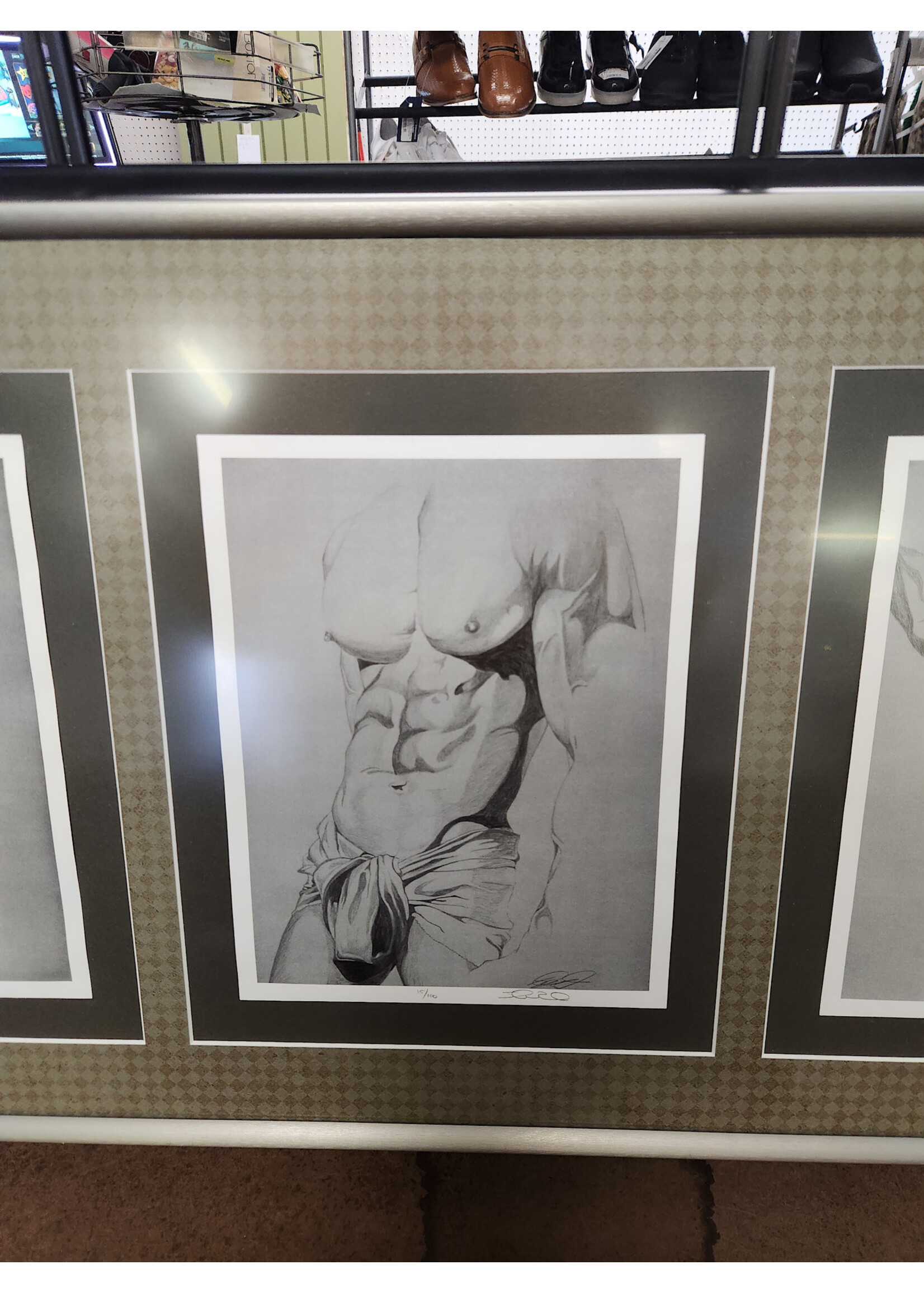 39.5x19 Framed Male Torso Sketch Triptych - Classical Anatomy Art, Charcoal/Pencil Drawing, Modern Wall Decor