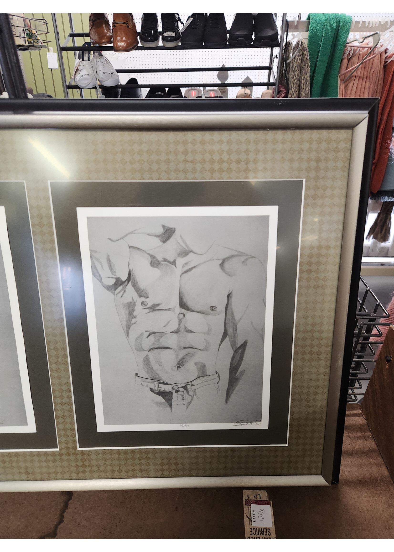 39.5x19 Framed Male Torso Sketch Triptych - Classical Anatomy Art, Charcoal/Pencil Drawing, Modern Wall Decor