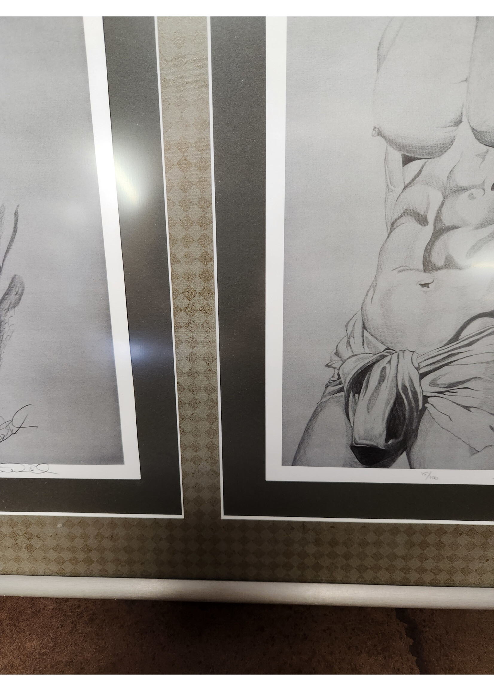 39.5x19 Framed Male Torso Sketch Triptych - Classical Anatomy Art, Charcoal/Pencil Drawing, Modern Wall Decor