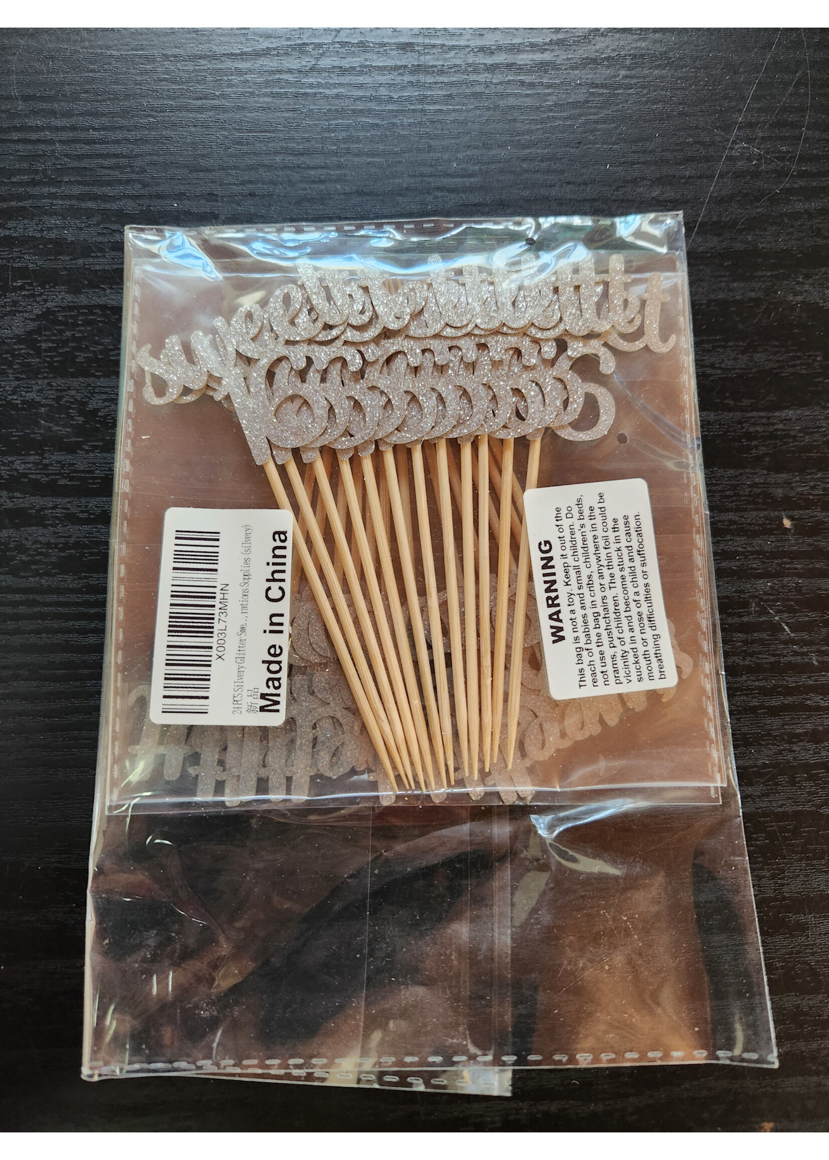 24Pcs Sweet 16 Cupcake Toppers Glitter Silver Toothpicks