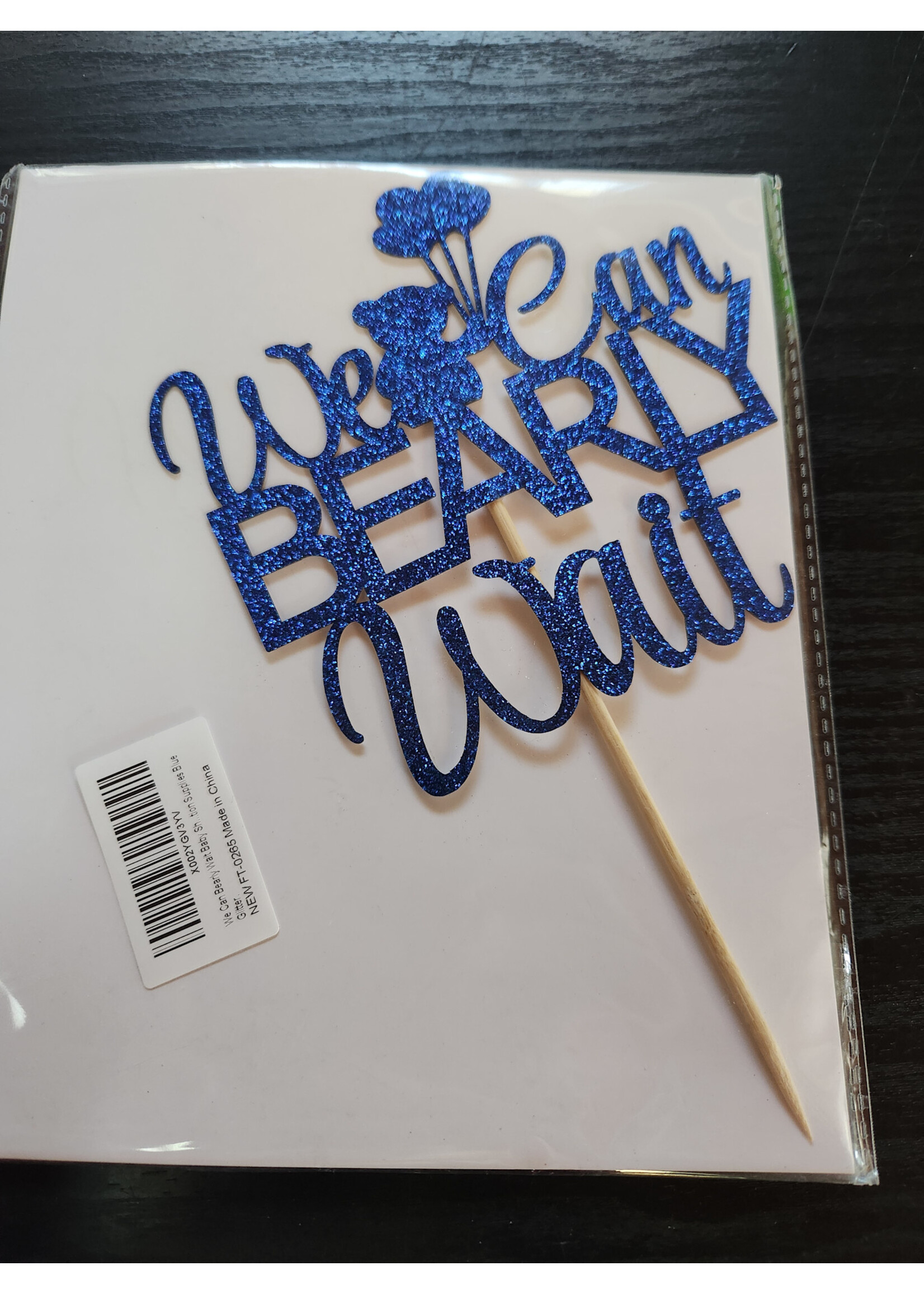 We Can Bearly Wait Baby Shower Cake Topper Blue Glitter 6x5.5