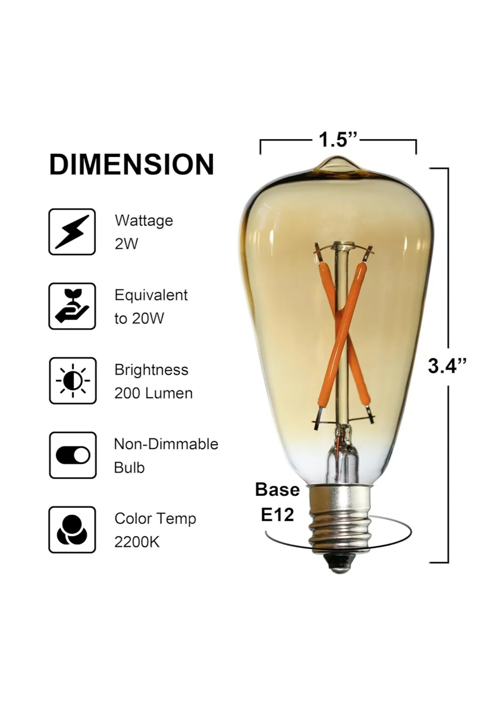 5pcs ST38 Edison Small Bulb 2W Equivalent to 10W-15W-20W E12 Base Warm Amber Glass LED Bulbs for Chandeliers Fans Candelabras Outdoor ST38 String Lights