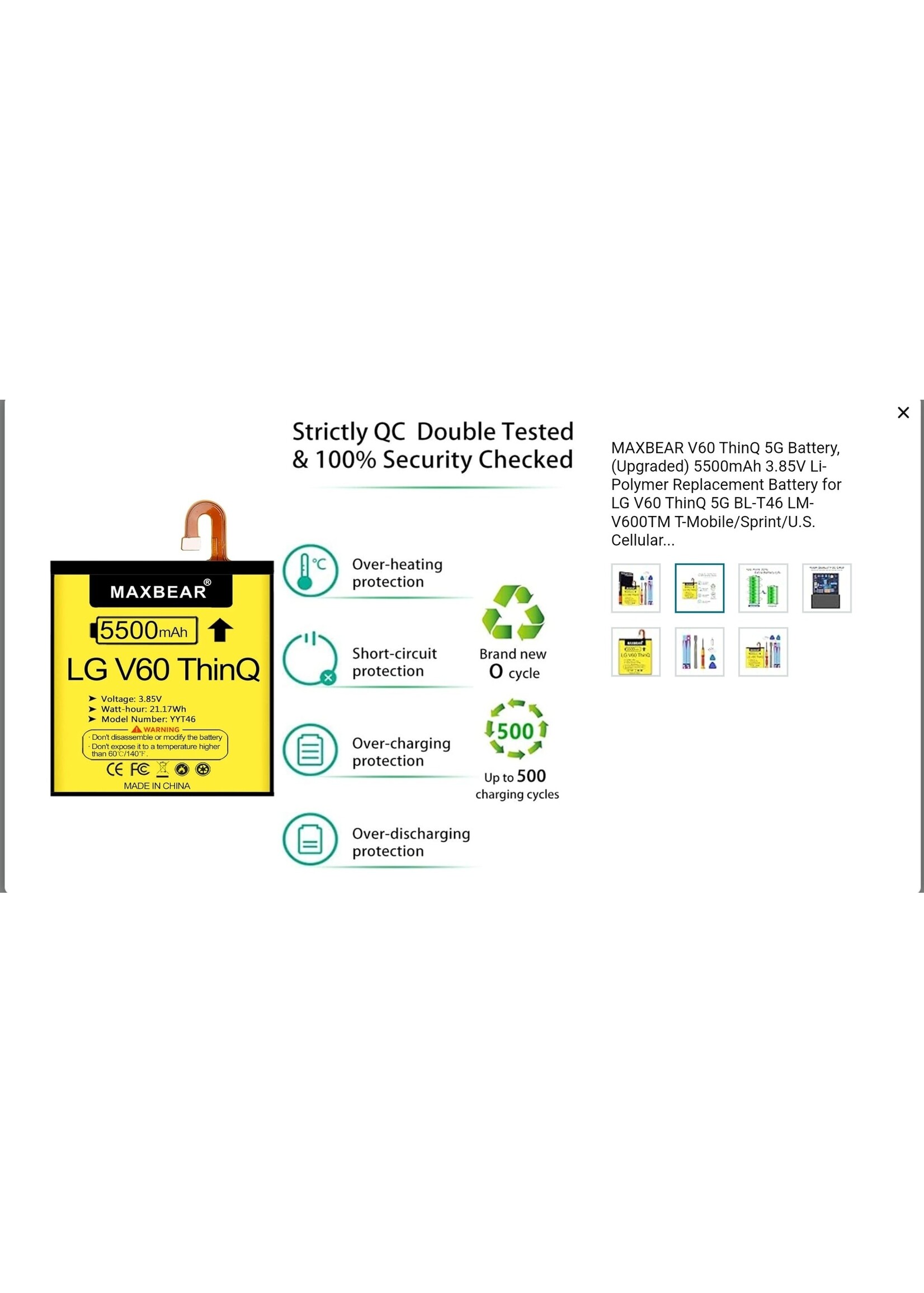 MAXBEAR V60 ThinQ 5G Battery, (Upgraded) 5500mAh 3.85V Li-Polymer Replacement Battery for LG V60 ThinQ