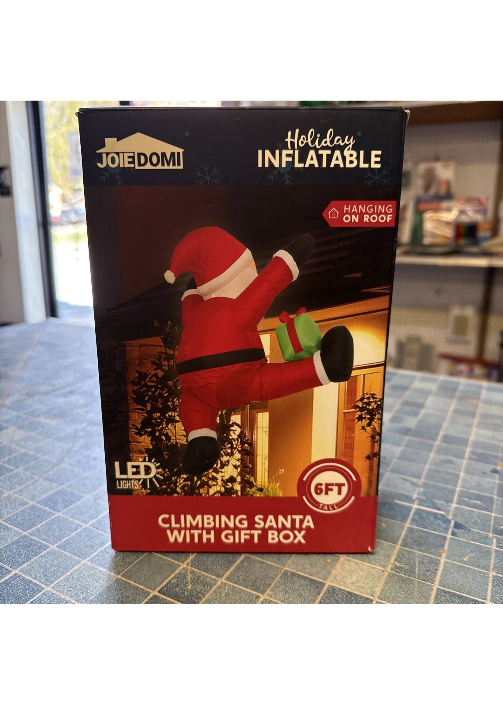 Open Box- Joie Domi Climbing/Hanging Santa W/ Gift Box LED Lighted Inflatable 6’
