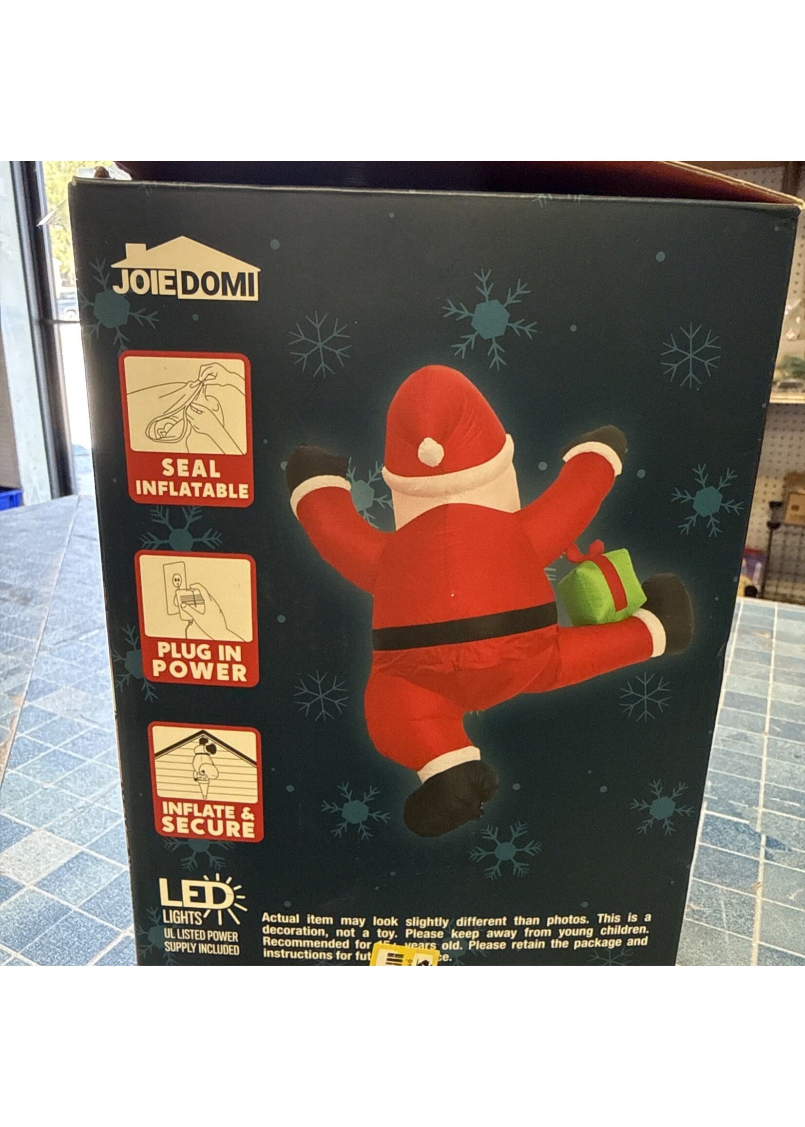 Open Box- Joie Domi Climbing/Hanging Santa W/ Gift Box LED Lighted Inflatable 6’