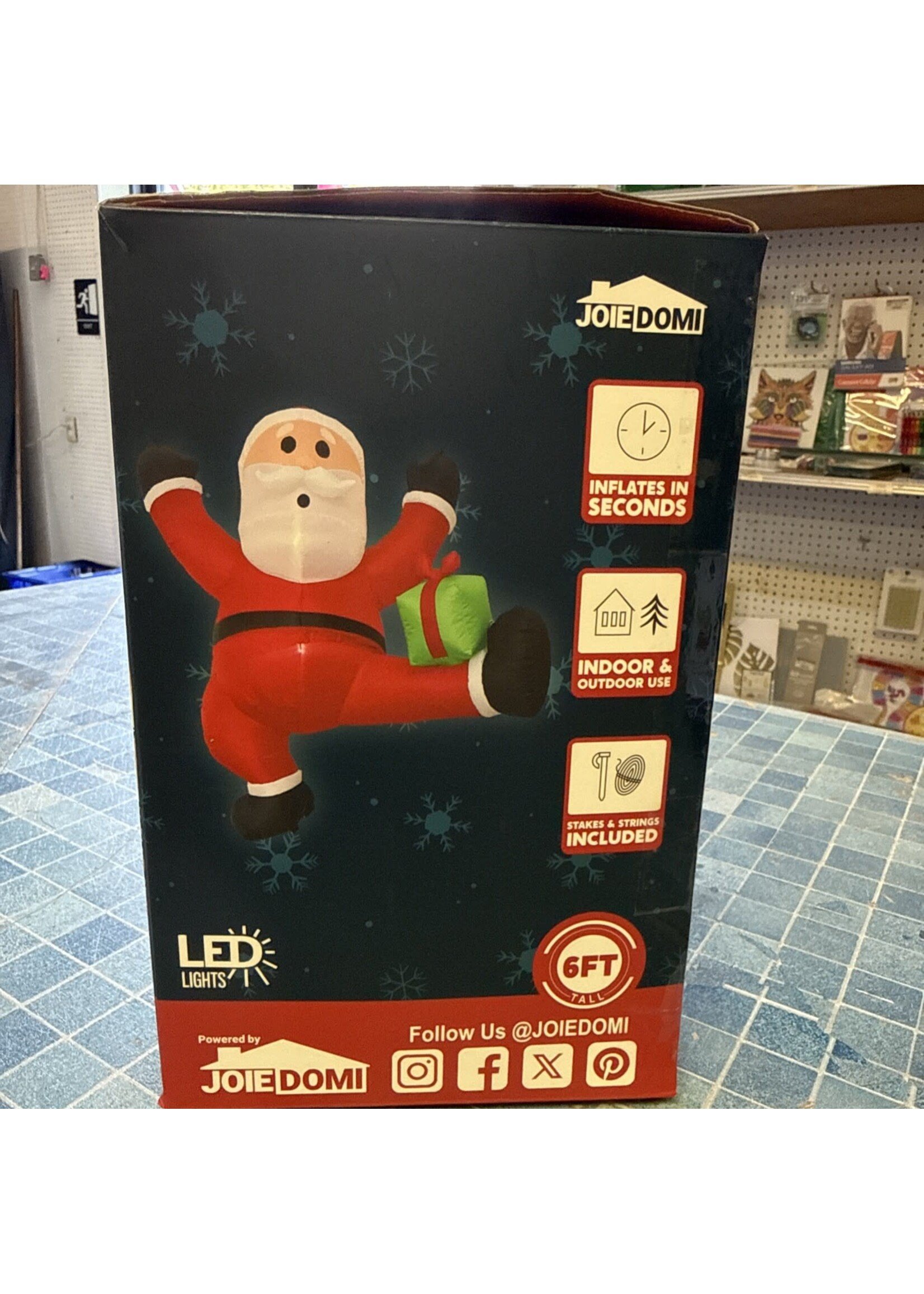 Open Box- Joie Domi Climbing/Hanging Santa W/ Gift Box LED Lighted Inflatable 6’