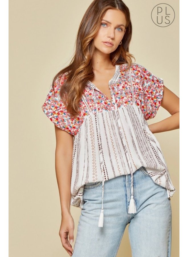 Stripe Babydoll Embroidered Top