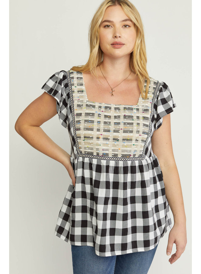Mixed Material Gingham Top
