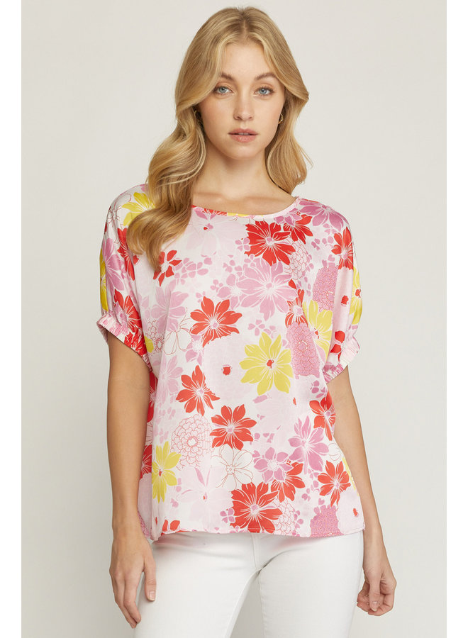 Satin Floral Bubble Sleeve Top