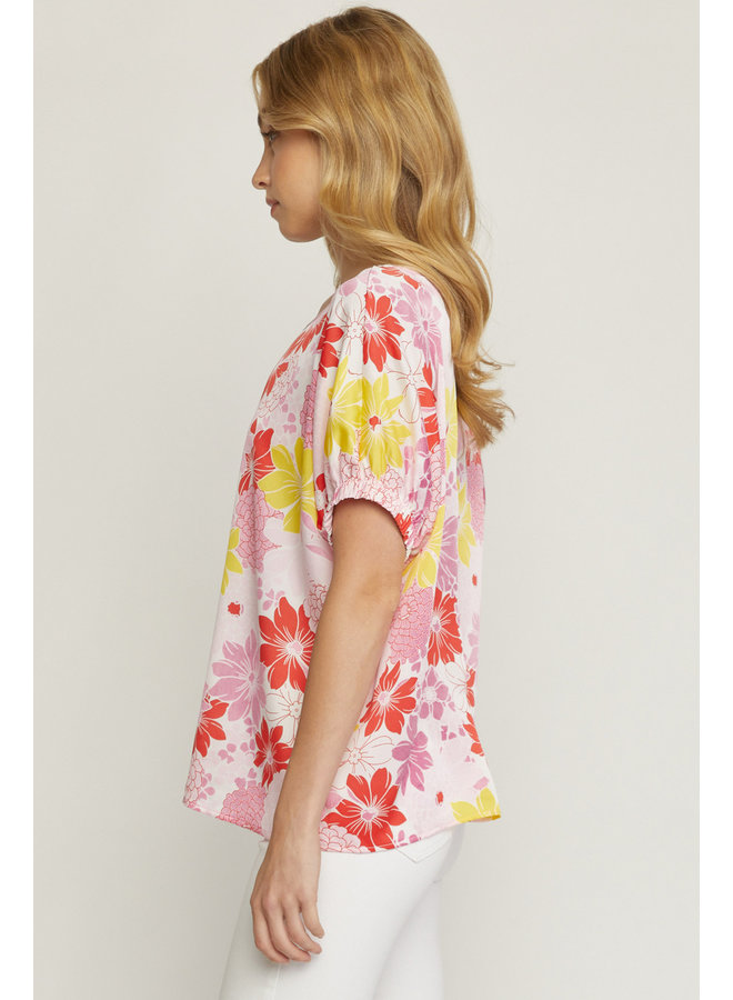 Satin Floral Bubble Sleeve Top