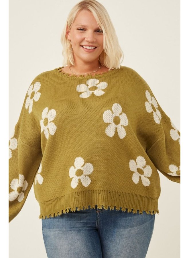 Distressed Hem Floral Sweater