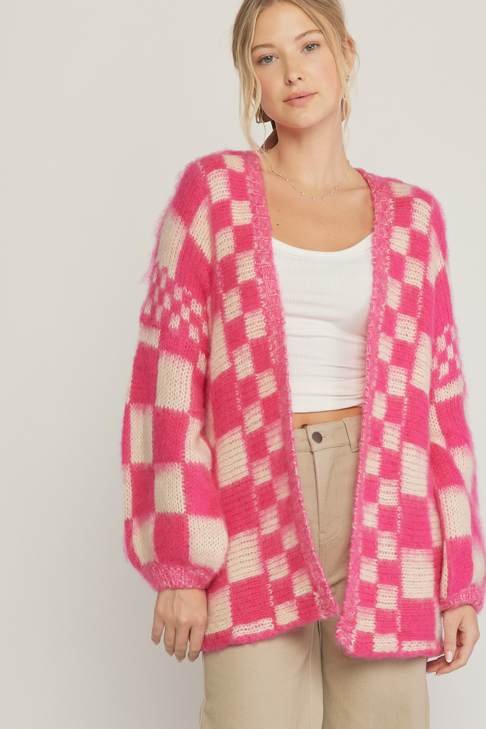 Checkered Fuzzy Cardigan - Kirby's Kloset