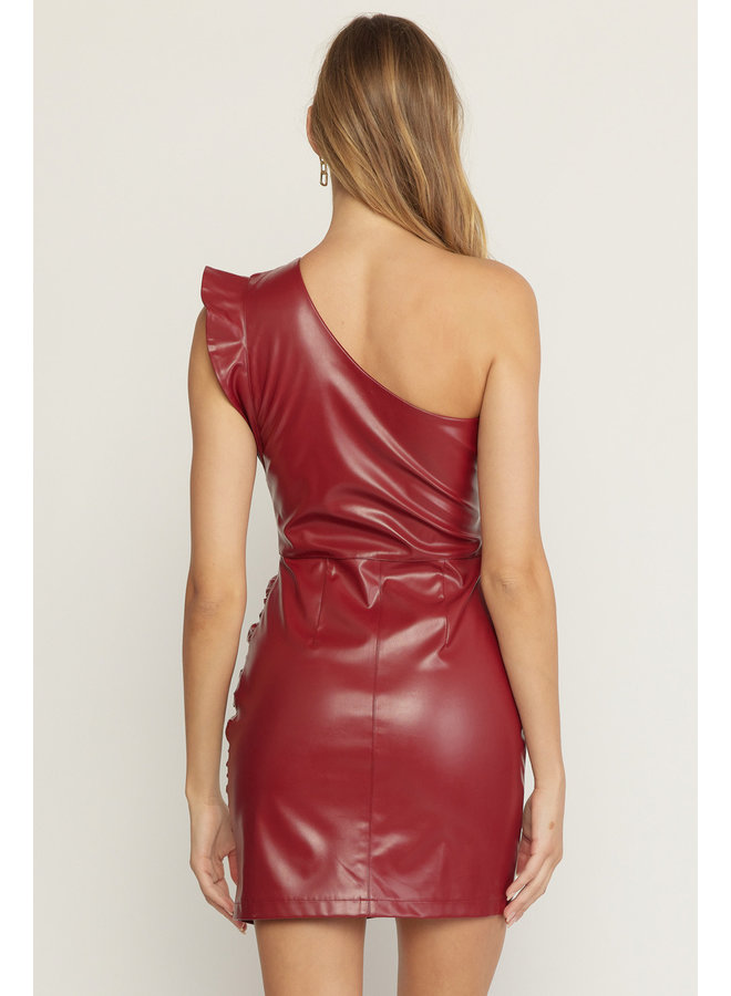 Faux-Leather One-Shoulder Dress