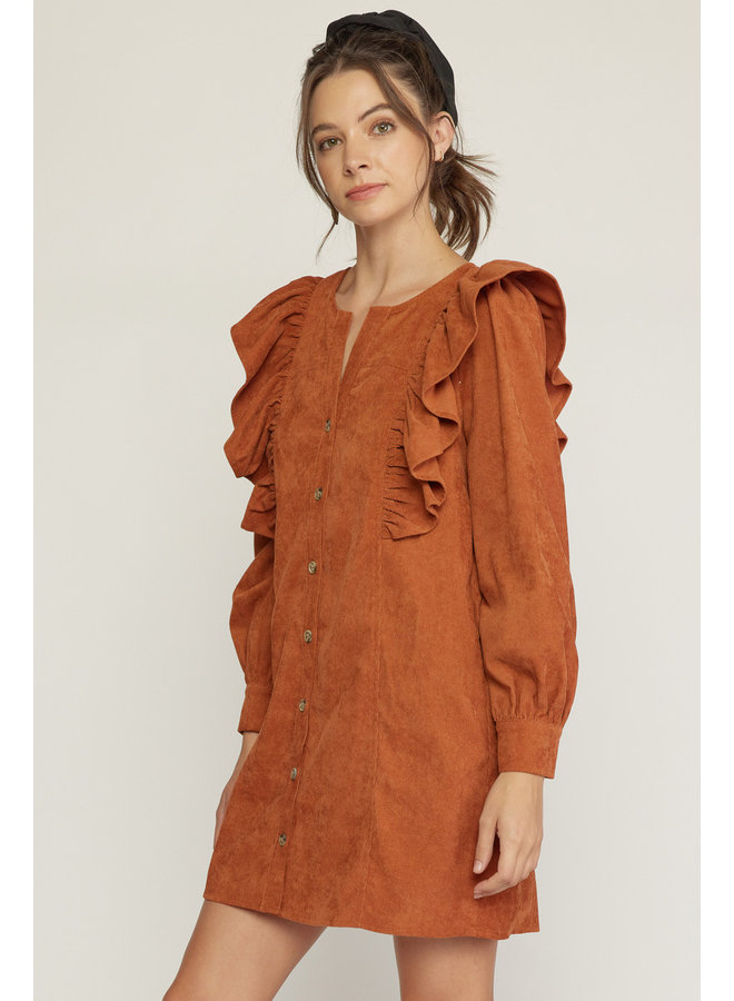 Ruffle Long Sleeve Corduroy Dress 