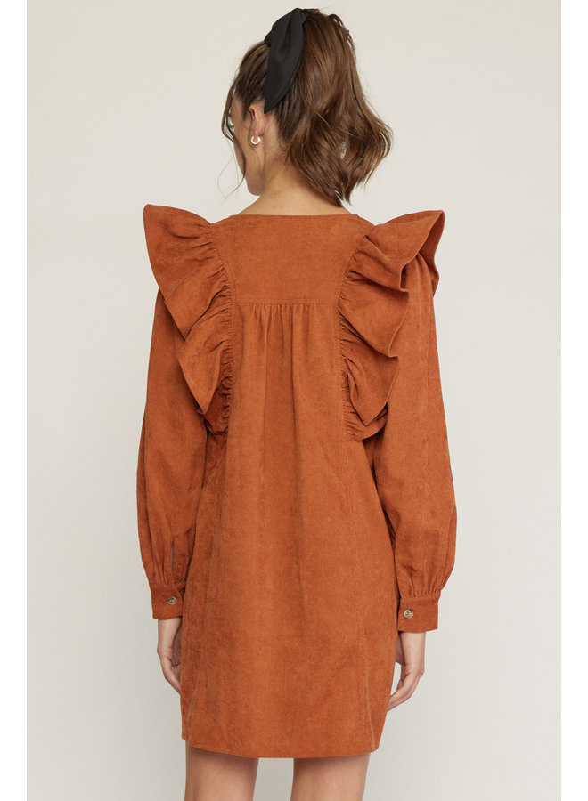 Ruffle Long Sleeve Corduroy Dress 