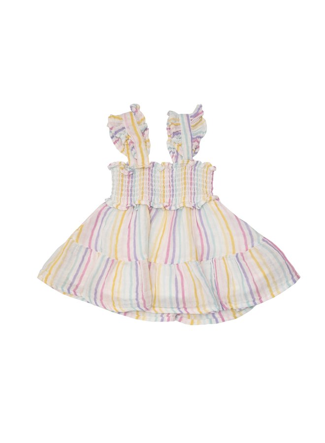 Rainbow Stripe Smocked Ruffle Dress