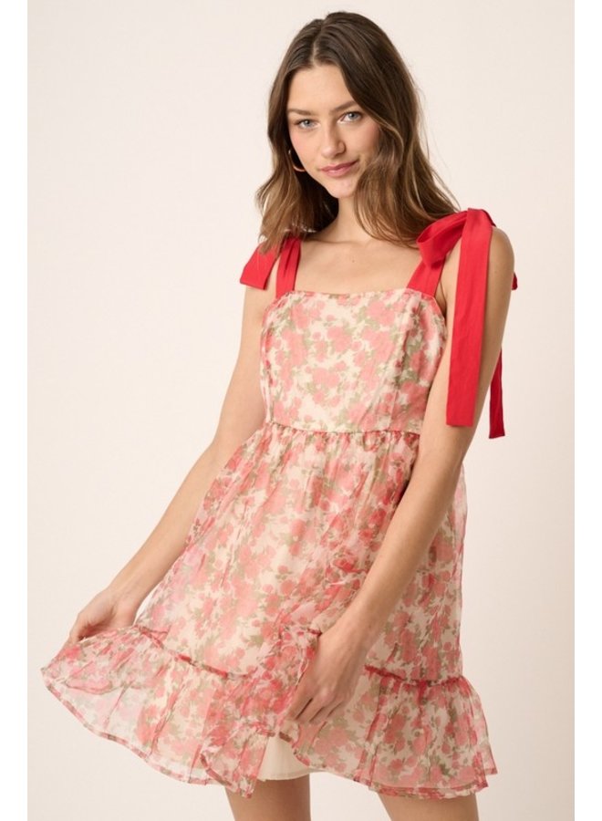Floral Shoulder-Tie Organza Dress