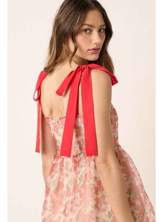 Floral Shoulder-Tie Organza Dress