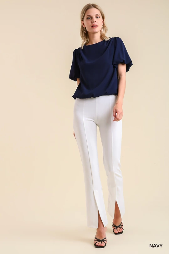 Navy Balloon Sleeve Blouse