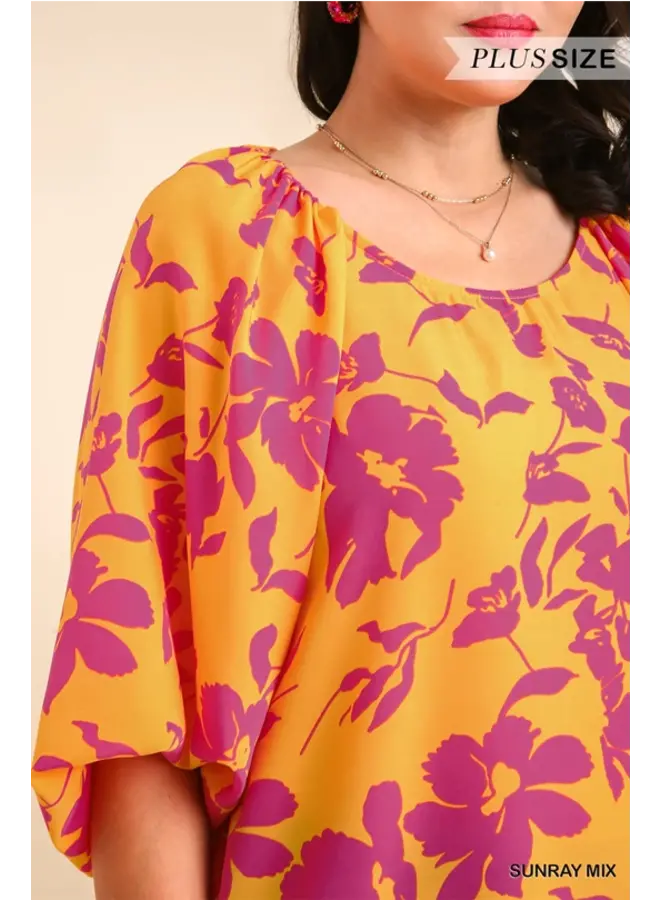 Plus Size Floral Bubble Sleeve Blouse