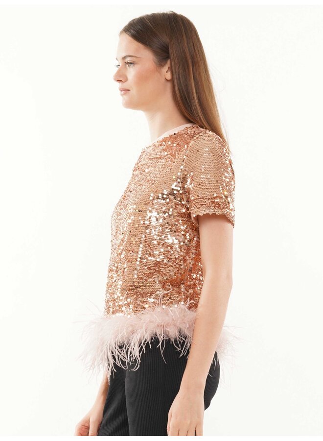 Sequin Top with Fur Trim