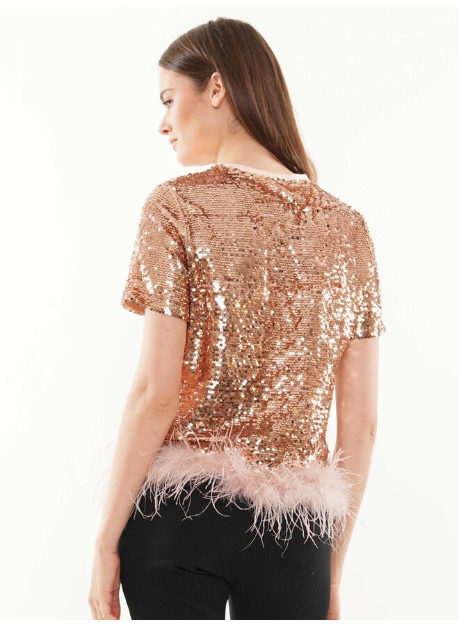 Sequin Top with Fur Trim