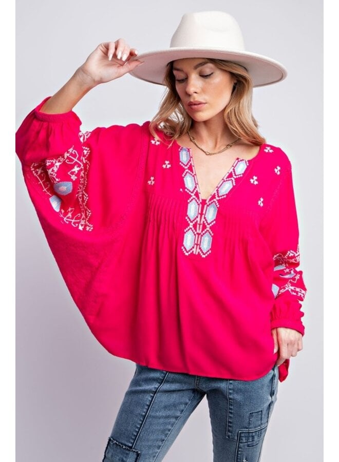 Embroidered Bubble Sleeve Blouse