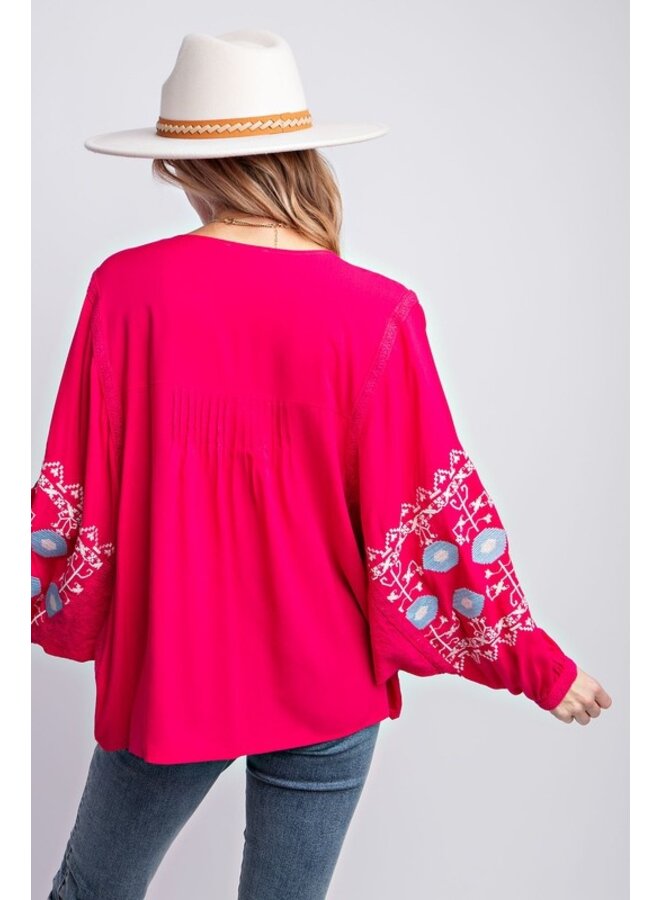 Embroidered Bubble Sleeve Blouse