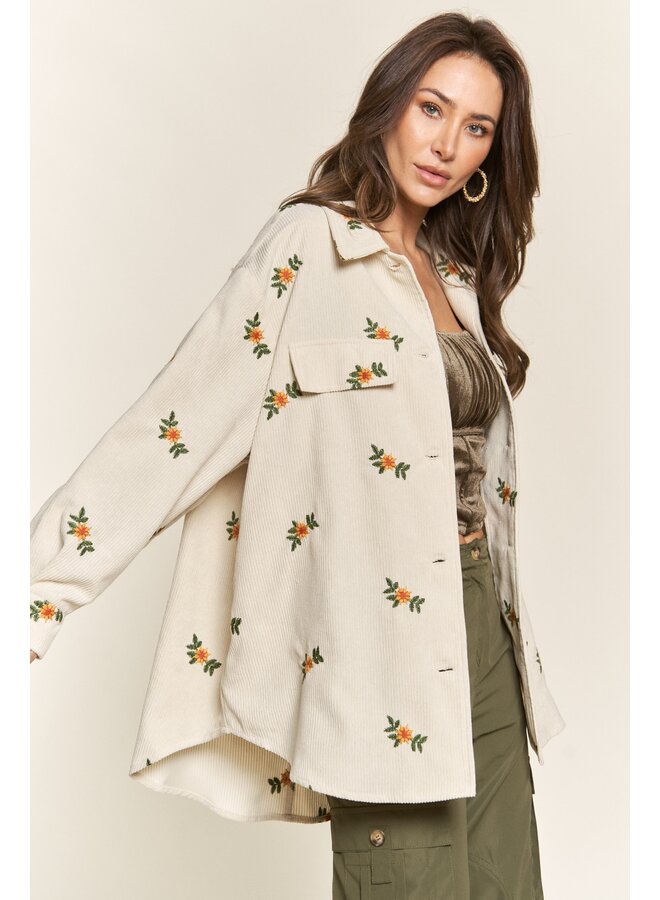 Floral Embroidered Corduroy Shacket