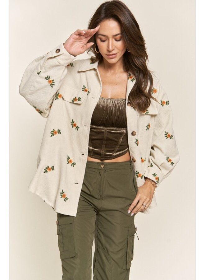 Floral Embroidered Corduroy Shacket