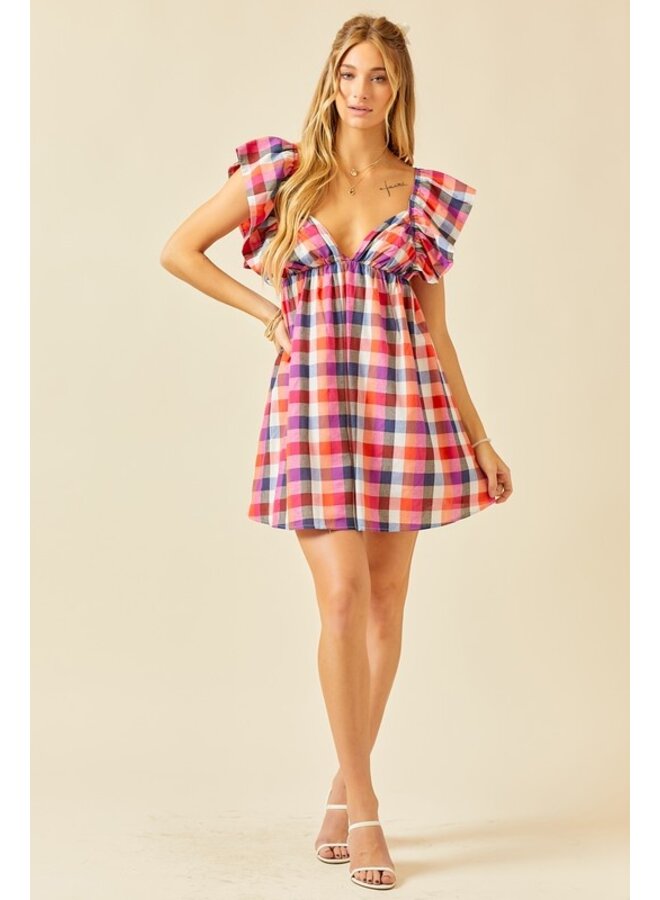 Plaid Dress with Flutter Sleeves