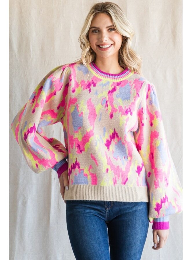 Abstract Print Balloon Sleeve Sweater