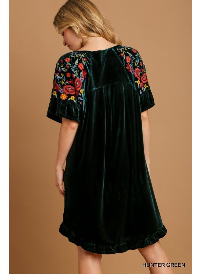 Embroidered Sleeve Velvet Dress