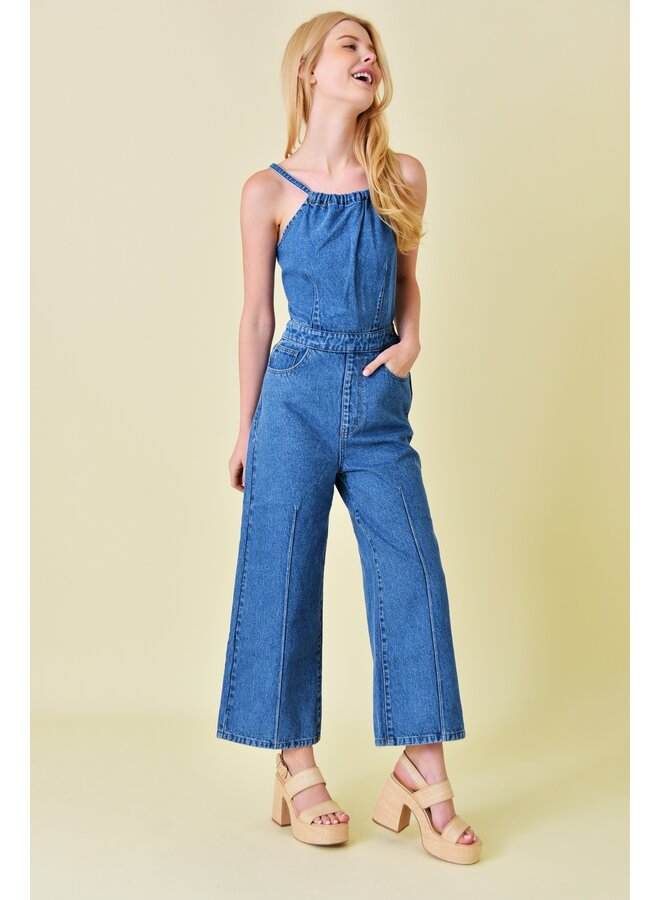 Denim Strappy Wide Leg Jumpsuit