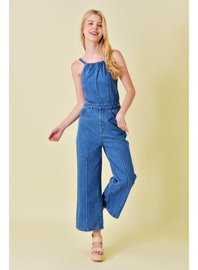 Denim Strappy Wide Leg Jumpsuit